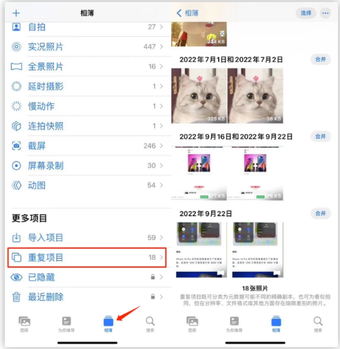 泽库苹果手机维修分享iOS 16 中相册重复项目功能使用方法 