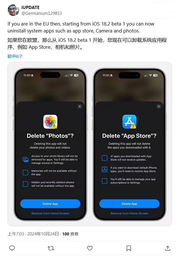 泽库苹果手机维修分享iOS 18.2 支持删除 App Store 应用商店 