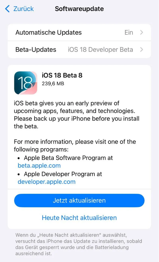 泽库苹果手机维修分享苹果 iOS / iPadOS 18 开发者预览版 Beta 8 发布 